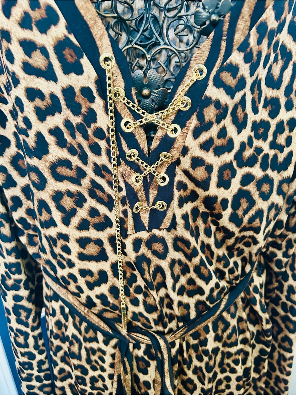 Michael Kors Leopard Print Long-Sleeve Tie-Waist Dress - Brown - Picture 3 of 5